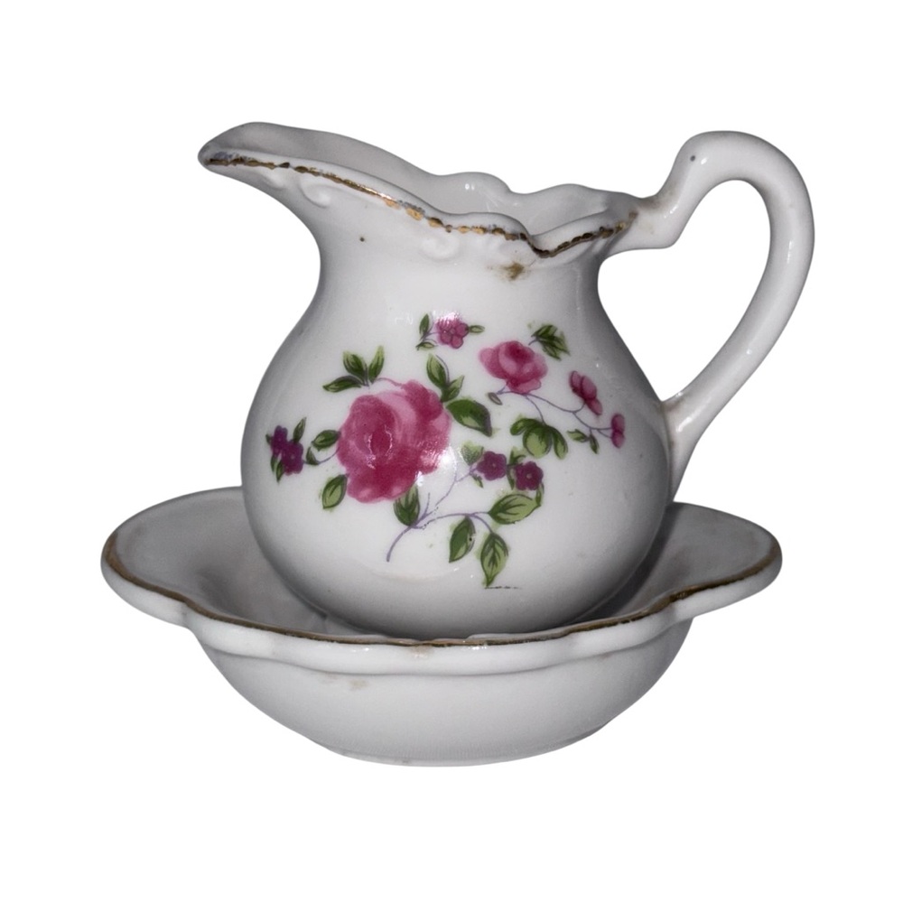 Miniature Washbasin With Attached Pitcher Pink Flowers And Gold Trim